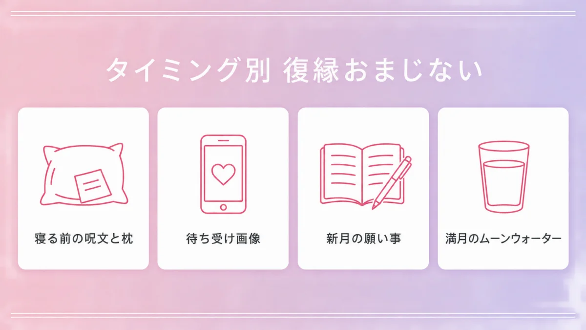 タイミング別の復縁おまじない:寝る前の呪文と枕・待ち受け画像・新月の願い事・満月のムーンウォーター